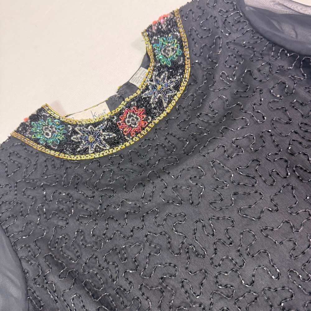 Laurence Kazar Vtg Silk Beaded Top XL Black Sheer Sleeve Evening Cocktail Blouse - Picture 12 of 16